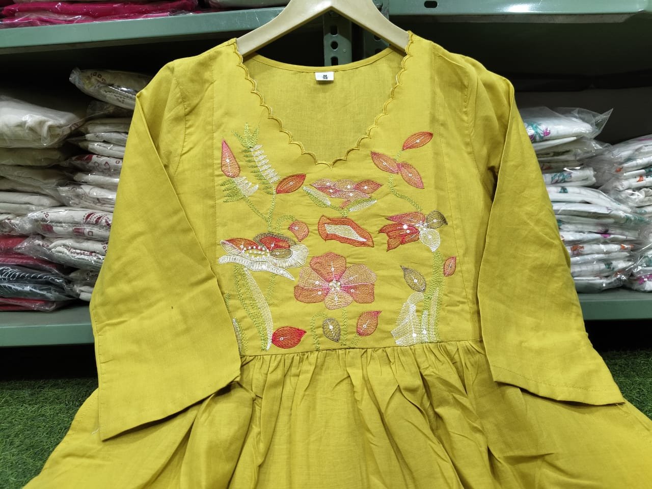 Yellow Anarkali Cotton Embroidered Suit Set